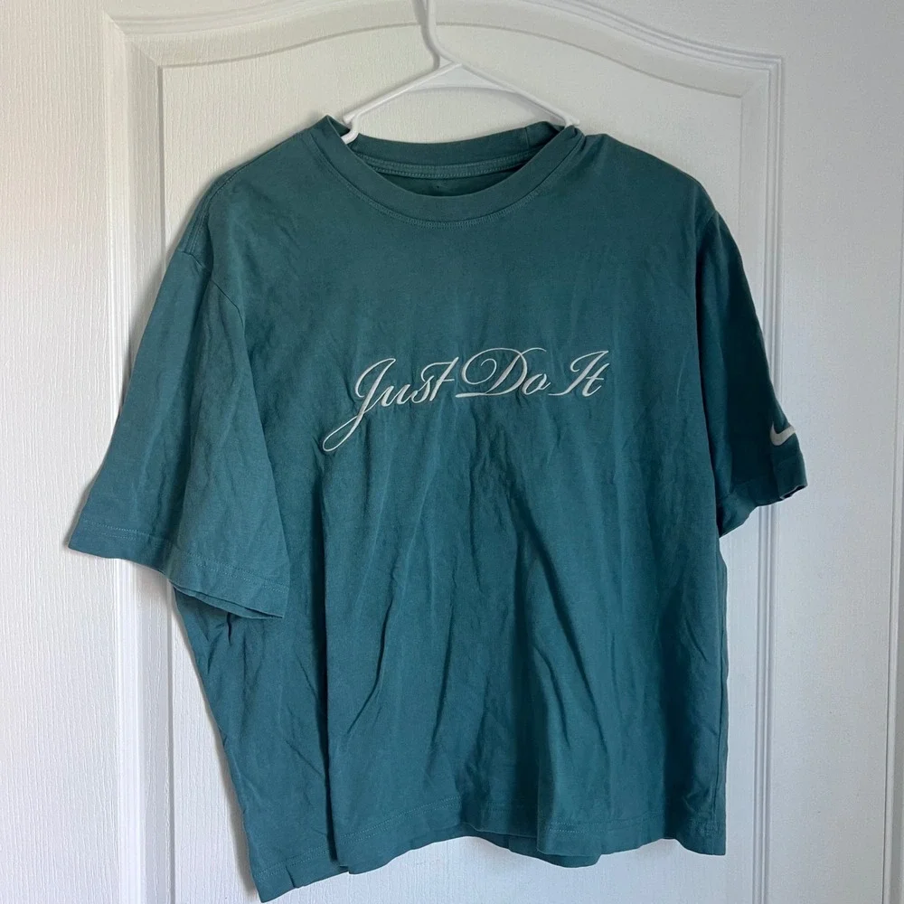 Nike The Nike Tee Loose Fit Teal Green Script Just Do It Cotton T-Shirt Womens M